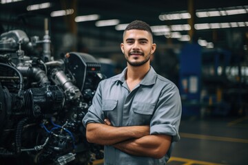 Wall Mural - Portrait of a smiling young man working in automotive factory