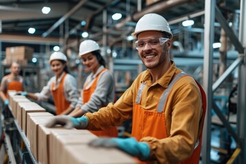 Smiling young workers packaging products at factory