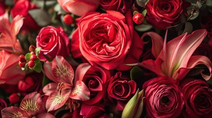 Wall Mural - Bouquets of red roses, delicate lilies, and aromatic petals