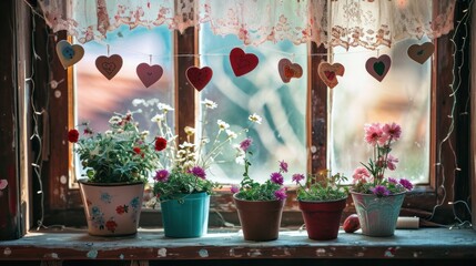 Wall Mural - Heart garlands, lace curtains, and blooming potted flowers