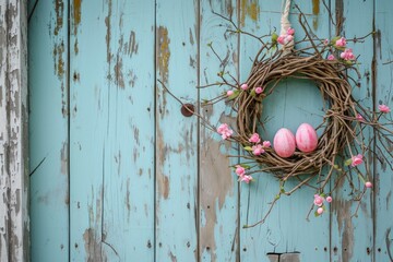 Rustic Easter Egg Wreath Hanging on Vintage Distressed Wooden Door