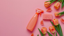 Flatlay With Orange Cleaning Spray And Peach Tulip Flowers And Sponges On A Pink Background. Cleaning Concept, Banner With Copy Space For Cleaning Service Or Eco-friendly Article