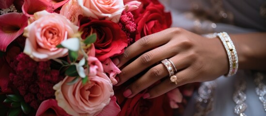 Wall Mural - Close-up of a bride's hands showcasing engagement jewelry and floral arrangement, representing commitment, celebration, or marriage.