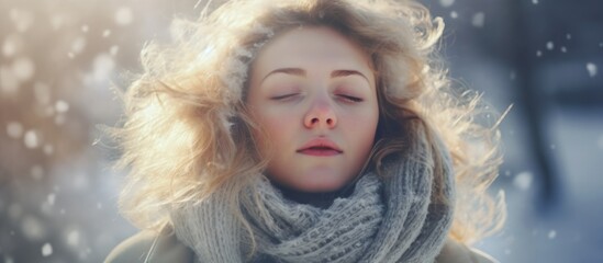 Sticker - Caucasian woman breathing fresh winter air.