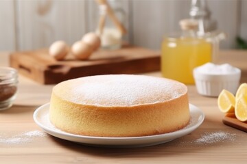 Delicious homemade sponge cake on white plate with ingredients.