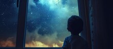 Child Gazes At Night Sky Through Window.