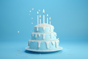 White birthday cake on blue background
