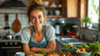 A young woman in the kitchen next to a selection of healthy foods, including salmon, avocado, and tomatoes