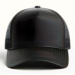 Trucker cap, snapback hat, black color. Isolated on white background. Mock-up for branding
