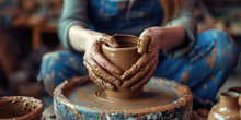Dirty Hands Of Young Woman Working On A Pottery Wheel Sculpting Mug With Ceramic Clay