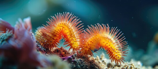 Poster - Macro photography of two venomous red spiny fireworms (Amphinomidae family) on the ocean's seabed during scuba diving.