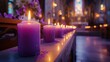 Purple candles on an Ash Wednesday altar, no people, tranquil and holy ambiance, soft glow from the candles illuminating the church's ancient architecture