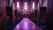 purple light Wooden Cross on Empty Pew for Ash Wednesday. Ash cross on an empty pew, symbolizing Ash Wednesday, simple wooden church interior, somber and introspective mood.
