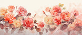 Fototapeta  - hermosa acuarela de rosas rojas, rosadas, amarillas, anaranjadas y hojas verdes, sobre fondo beige claro. Concepto clebraciones, bodas, aniversarios, dia de la madre