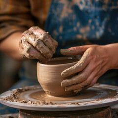 Dirty hands of young woman working on a pottery wheel sculpting mug with ceramic clay