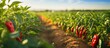 Selective focus shows agricultural land with rows of growing peppers.