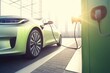 Electric car charging on a station, eco-friendly, Earth Day. Generative AI