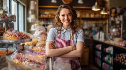 Sticker - A woman standing in front of a display of sweets