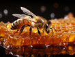 transportando el polen, productoras de miel, jalea real, propóleos, en la imagen vemos una abeja sobre un trozo de celdas de cera llenas de miel