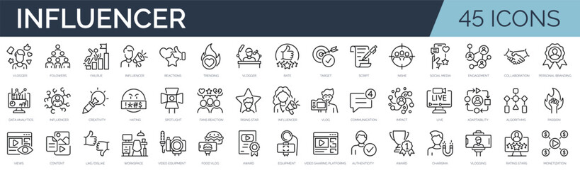 Set of 45 outline icons related to influencer. Linear icon collection. Editable stroke. Vector illustration
