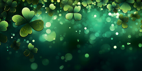 Abstract green Saint Patrick Day background with lucky shamrock leaves 