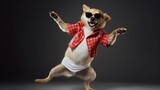 Fototapeta Sport - funny dog pug in clothes and sunglasses dancing in the studio on a black background