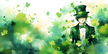 Watercolor Illustration Of A Leprechaun Character, Abstract St Patricks Day Background