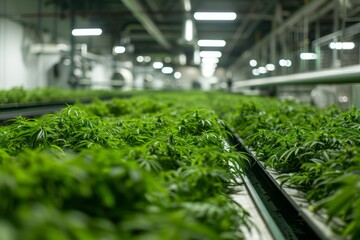 Wall Mural - Spacious modern greenhouse with rows of emerging hemp seedlings. High-tech facility with advanced hydroponic systems. Legalized cannabis cultivation for medical purpose.