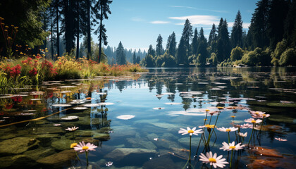 Poster - Tranquil scene of a green meadow at dawn generated by AI