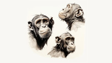 Pen And Ink Sketch, Four Monkies Head And Sholder Shot, Bottom Of The Picture, White Background
