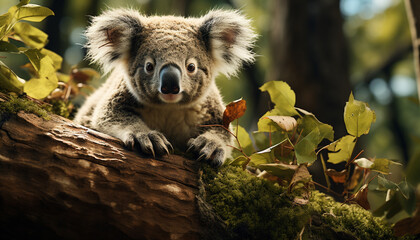 Canvas Print - Cute koala sitting on branch, looking at camera generated by AI