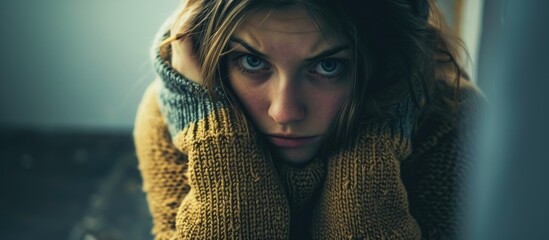 Lonely girl in sweater, hugging knees to chest.