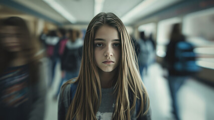 Female high school student standing alone among a crowd of other students, concept of the feeling of isolation and loneliness due to mental illness