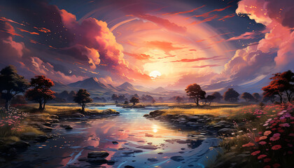 Wall Mural - Vibrant sunset paints tranquil meadow with colorful sky generated by AI