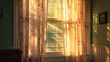 serene morn, the sun shines through the window, causing the curtain to glow. The light and shadows in the room reflect the peacefulness of the day's beginning   