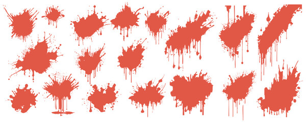 Aufkleber - Red blood splatters mega set in flat design. Bundle elements of variation dirty liquid blots and bleeding ink with splashes and drops with grunge texture. Vector illustration isolated graphic objects