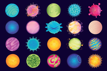Aufkleber - Galaxy planets mega set in flat design. Bundle elements of colourful abstract alien planets and fantastic cosmos universe celestial spheres for space game. Vector illustration isolated graphic objects