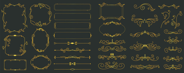 Aufkleber - Gold vintage frames mega set in flat design. Bundle elements of abstract line classical decorative borders, dividers and templates square or circle forms. Vector illustration isolated graphic objects