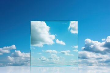 Square mirror with reflection of blue sky and white clouds