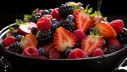 Poster - Freshness of summer berries on a wooden plate generated by AI