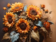 Vibrant Oil Painting Of Sunflowers. Brown Background. Generative AI