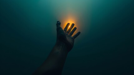 Wall Mural - A conceptual photograph of a hand reaching out from the darkness towards a glowing light, symbolizing hope and uncertainty. The minimalistic composition and contrast of warm and cool tones.  