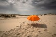 A sandy area with an orange umbrella in the middle. Generative AI