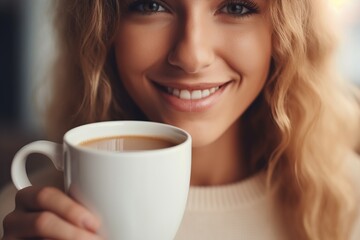 Wall Mural - Young beautiful woman drinking coffee in the kitchen