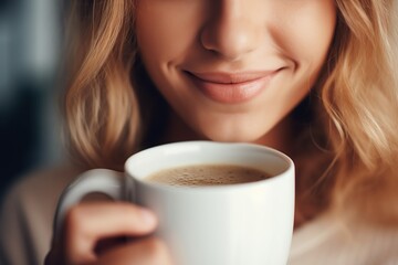  Young beautiful woman drinking coffee in the kitchen