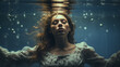 Portrait einer Frau mit geschlossenen Augen unter Wasser mit Luftblasen. Reflexionen an der Oberfläche. Konzept: Entrückung und Gefühlstiefe. Surreale  Illustration in kühlen Farben