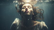 Portrait einer Frau mit geschlossenen Augen unter Wasser. Leicht trüb mit Luftblasen. Lichtreflexe an der Oberfläche. Konzept: Entrückung und Gefühlstiefe. Surreale Illustration in kühlen Farben