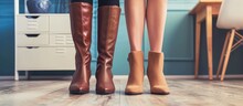 Female professional swaps shoes from heels to boots at the office. Fatigued legs after work.