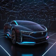 Wall Mural - Picture of a futuristic electric black car with a holographic wireframe digital technology background.
