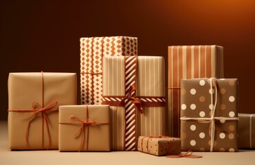 Poster - Many wrapped presents on a brown background. Generative AI.